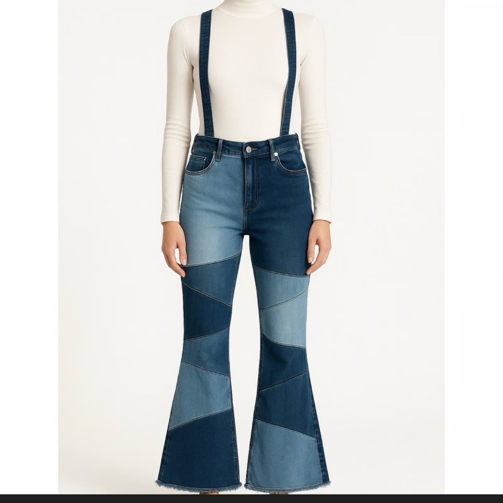 AMERICAN BAZI Patchwork Denim Overalls HighRise Flare Bell Bottoms M